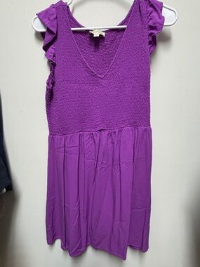 LOFT Purple V-Neck Smocked Ruffle Sleeve Dress